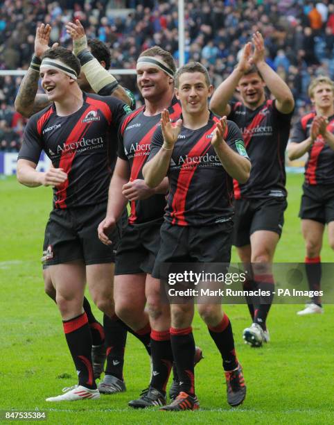 Edinburgh's man of the match Greig Laidlaw celebrates with his team mates during the Heineken Cup Quarter Final match at Murrayfield, Edinburgh.