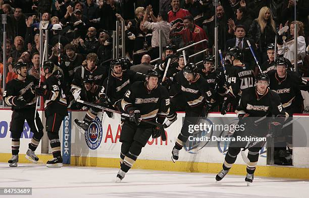 The Anaheim Ducks bench clears after defeating the Calgary Flames in overtime, 3 to 2 during the game on February 11, 2009 at Honda Center in...