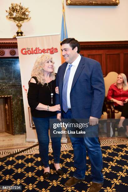 Producer Adam F. Goldberg standing with his Mother, Beverly Goldberg during an event honoring Goldberg at Philadelphia City Hall on September 15,...