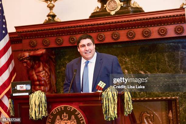 Producer Adam F. Goldberg is honored with the Liberty Bell as the City of Philadelphia Proclaims September 15th The Goldbergs Syndication Day at...