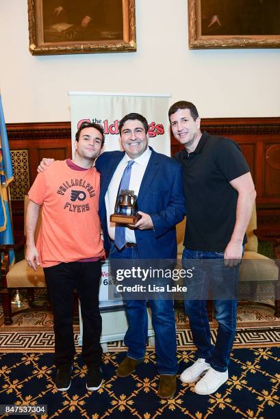 Troy Gentile and Doug Robinson pose with Producer Adam F. Goldberg during an event honoring Goldberg at Philadelphia City Hall on September 15, 2017...