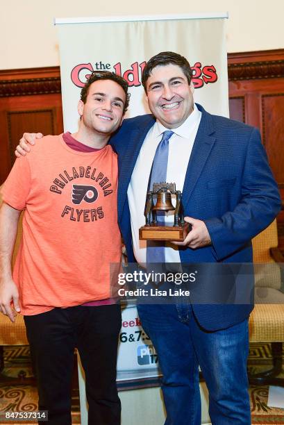 Actor Troy Gentile poses with Producer Adam F. Goldberg during an event honoring Goldberg at Philadelphia City Hall on September 15, 2017 in...