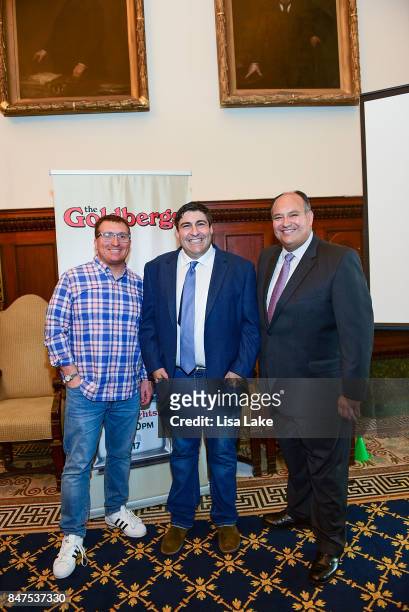 Sean Compton and Vince Giannini pose with Producer Adam F. Goldberg during an event honoring Goldberg at Philadelphia City Hall on September 15, 2017...