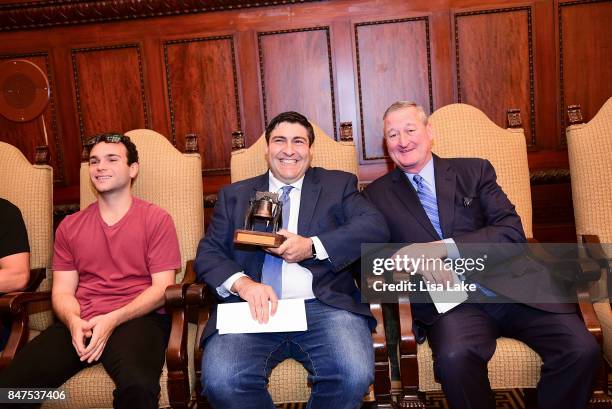 Actor Troy Gentile, Producer Adam F. Goldberg and Philadelphia Mayor, Jim Kenney sit together during an event honoring Adam F. Goldberg at...