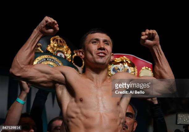 And IBF middleweight champion Gennady Golovkin poses on the scale during his official weigh-in at MGM Grand Garden Arena on September 15, 2017 in Las...