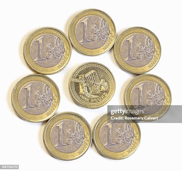 circle of euro coins, one pound coin in centre. - イギリス硬貨 ストックフォトと画像