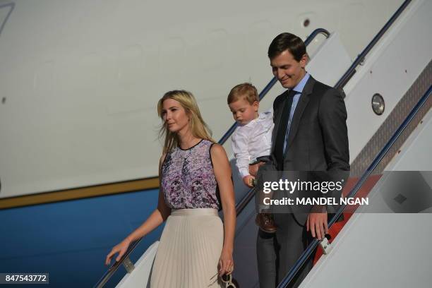 Ivanka Trump and husband Jared Kushner step off Air Force One with their child on September 15, 2017 in Morristown, New Jersey. - US President Donal...