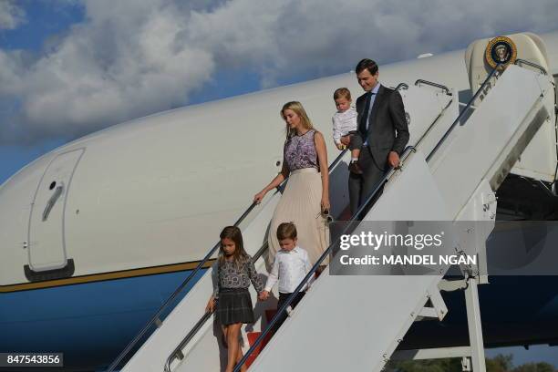 Ivanka Trump and husband Jared Kushner step off Air Force One with their children on September 15, 2017 in Morristown, New Jersey. - US President...