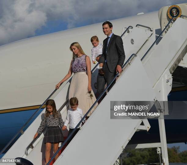 Ivanka Trump and husband Jared Kushner step off Air Force One with their children on September 15, 2017 in Morristown, New Jersey. - US President...