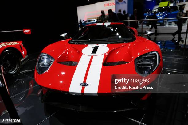 The American car manufacturer Ford Motor Company presents the Ford GT at the 67. IAA. The 67. Internationale Automobil-Ausstellung opened in...