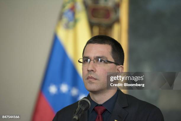 Jorge Arreaza, Venezuela's minister of foreign affairs, listens during a press conference in Caracas, Venezuela, on Friday, Sept. 15, 2017. UN High...