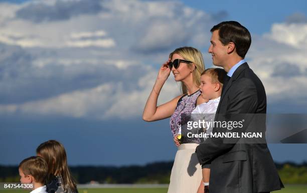 Ivanka Trump and husband Jared Kushner step off Air Force One with their children on September 15, 2017 in Morristown, New Jersey. - US President...
