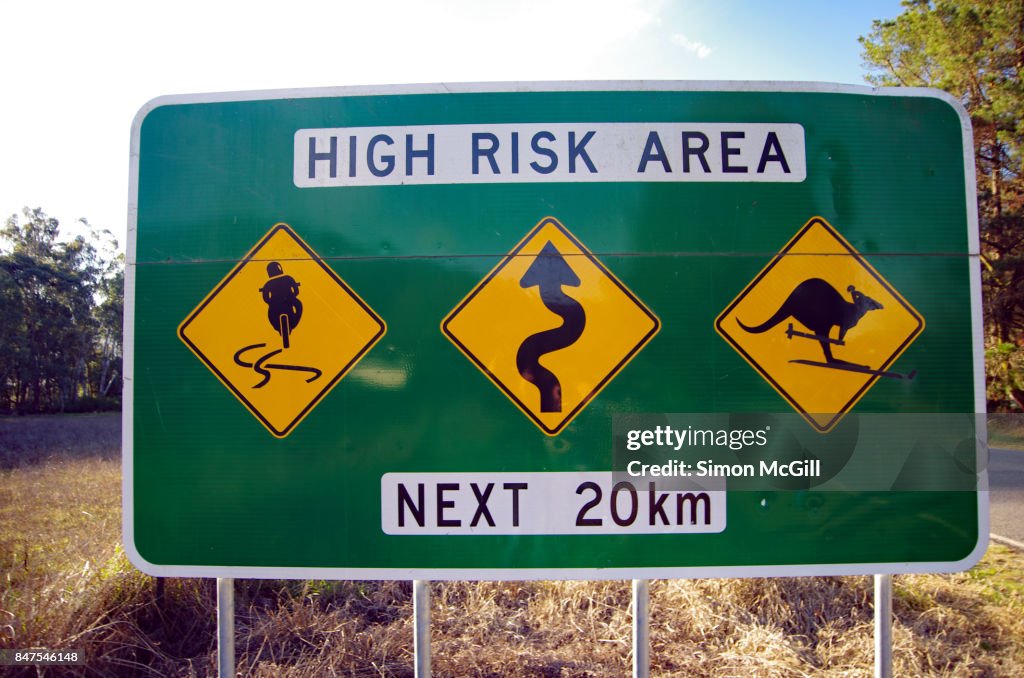 High Risk Area road warning sign near Bright, Victoria, Australia