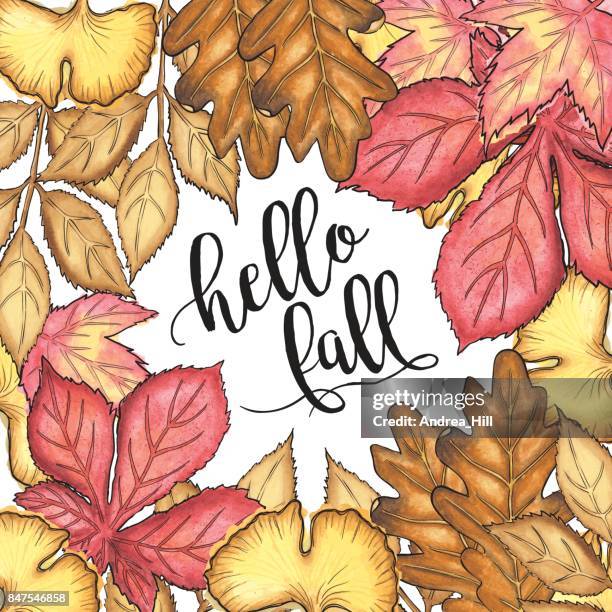 autumn leaf vector watercolor frame with copy space, "hello fall" text - hello october stock illustrations