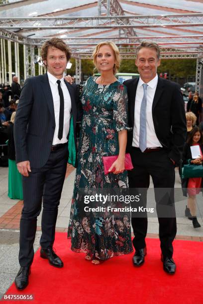 Steffen Schroeder, Melanie Marschke and Marco Girnth attend the UFA 100th anniversary celebration at Palais am Funkturm on September 15, 2017 in...