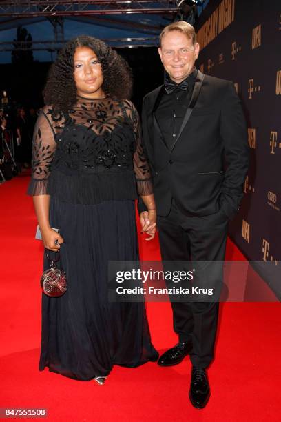 Devid Striesow and his wife Francine Striesow attend the UFA 100th anniversary celebration at Palais am Funkturm on September 15, 2017 in Berlin,...