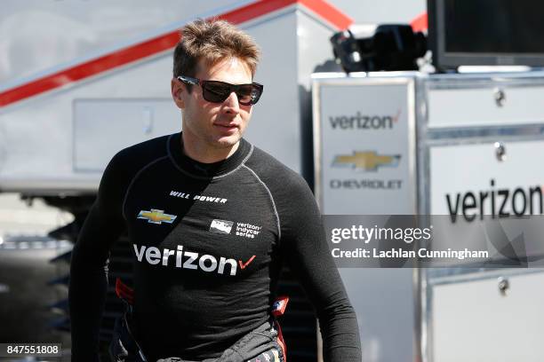 Will Power of Australia driver of the Verizon Chevrolet looks on in pit lane during practice on day 1 of the GoPro Grand Prix of Sonoma at Sonoma...