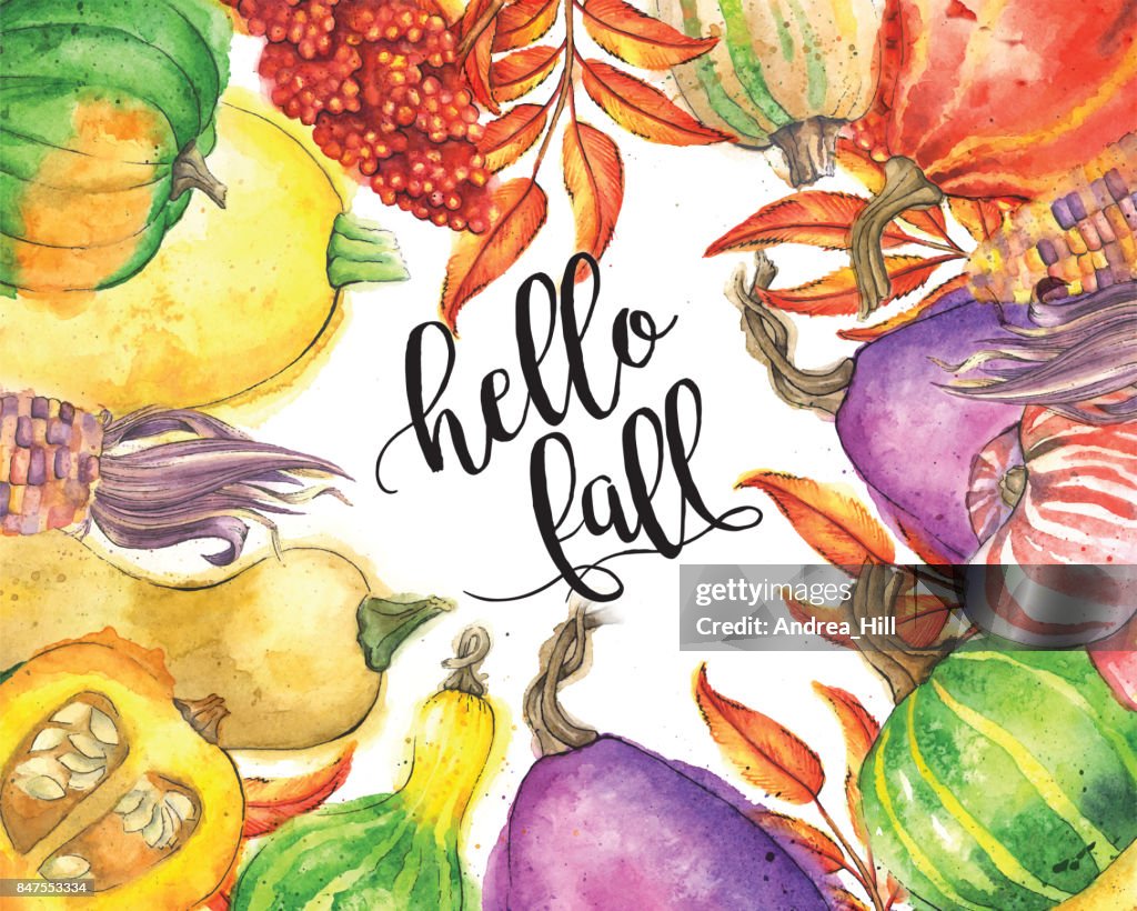 Autumn Vegetable and Leaf Border with "hello fall" Calligraphic Text