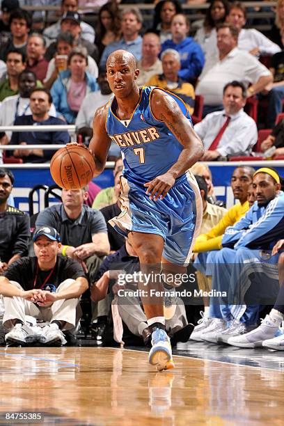 Chauncey Billups of the Denver Nuggets dribbles during the game against the Orlando Magic on February 11, 2009 at Amway Arena in Orlando, Florida....