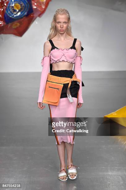 Model walks the runway at the Fyodor Golan Spring Summer 2018 fashion show during London Fashion Week on September 15, 2017 in London, United Kingdom.