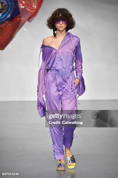 Model walks the runway at the Fyodor Golan Spring Summer 2018 fashion show during London Fashion Week on September 15, 2017 in London, United Kingdom.