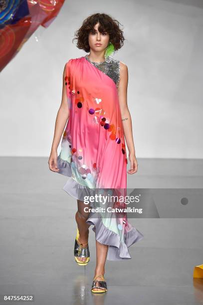 Model walks the runway at the Fyodor Golan Spring Summer 2018 fashion show during London Fashion Week on September 15, 2017 in London, United Kingdom.