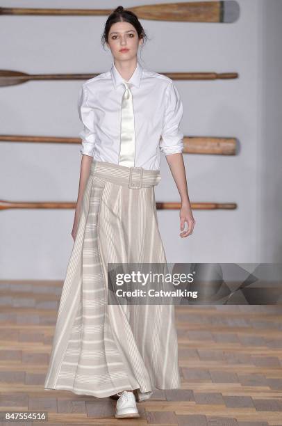 Model walks the runway at the Daks Spring Summer 2018 fashion show during London Fashion Week on September 15, 2017 in London, United Kingdom.