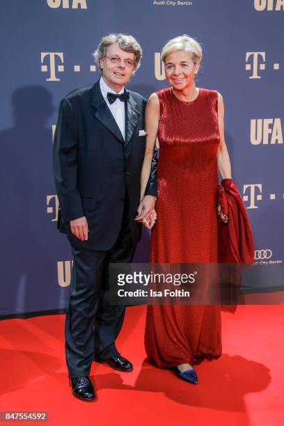 German politician Peter Schwenko and his wife Inga Griese-Schwenkow attend the UFA 100th anniversary celebration at Palais am Funkturm on September...