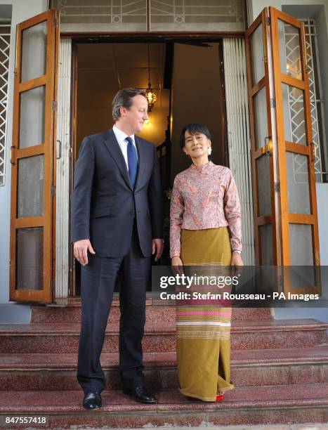 Prime Minister David Cameron meets pro democracy leader Aung San Suu Kyi at her Lakeside Villa in Rangoon, Burma today.