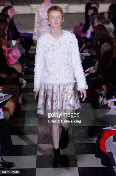 Model walks the runway at the Ryan Lo Spring Summer 2018 fashion show during London Fashion Week on September 15, 2017 in London, United Kingdom.