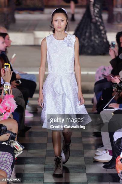 Model walks the runway at the Ryan Lo Spring Summer 2018 fashion show during London Fashion Week on September 15, 2017 in London, United Kingdom.
