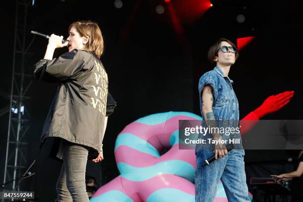 Tegan Quin and Sara Quin of Tegan and Sara perform onstage during Day 1 of The Meadows Music & Arts Festival at Citi Field on September 15, 2017 in...