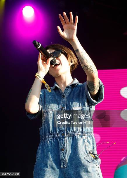 Sara Quin of Tegan and Sara perform onstage during Day 1 of The Meadows Music & Arts Festival at Citi Field on September 15, 2017 in New York City.