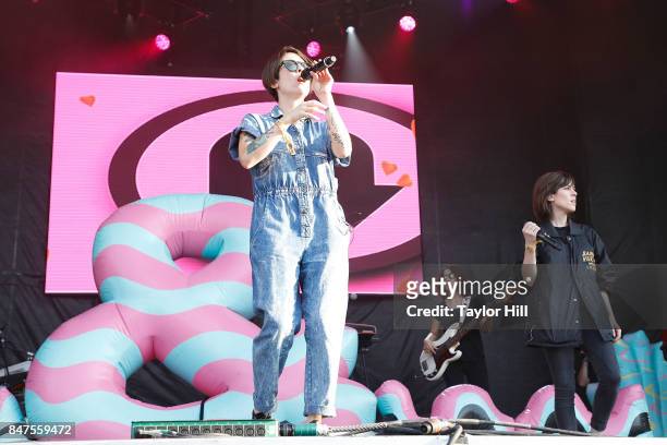 Sara Quin and Tegan Quin of Tegan and Sara perform onstage during Day 1 of The Meadows Music & Arts Festival at Citi Field on September 15, 2017 in...
