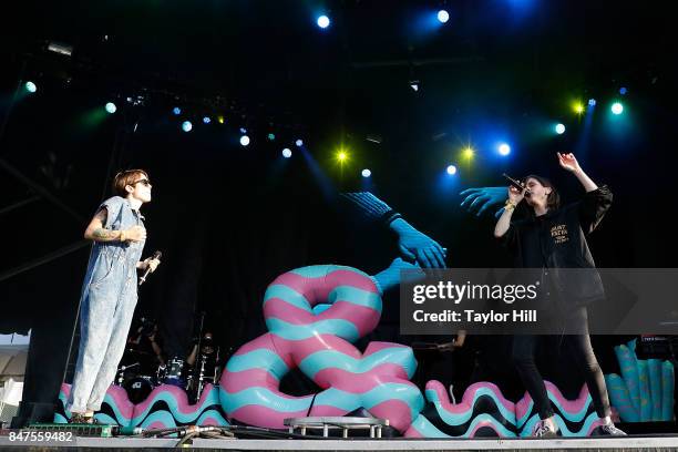 Sara Quin and Tegan Quin of Tegan and Sara perform onstage during Day 1 of The Meadows Music & Arts Festival at Citi Field on September 15, 2017 in...