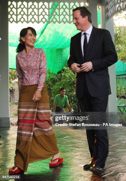 Prime Minister David Cameron meets pro democracy leader Aung San Suu Kyi at her Lakeside Villa in Rangoon, Burma today.