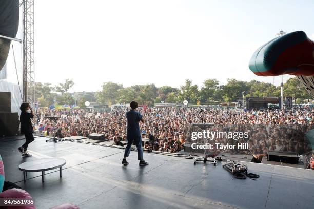 Tegan Quin and Sara Quin of Tegan and Sara perform onstage during Day 1 of The Meadows Music & Arts Festival at Citi Field on September 15, 2017 in...