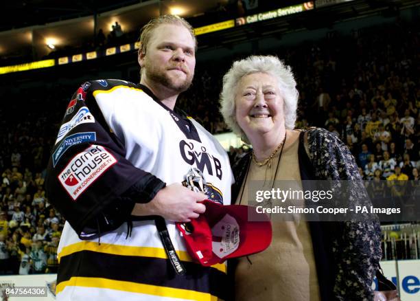 Nottingham Panthers Craig Kowalski receives his Man of the Match award from Gillian Edwards, Wife of local MP Kenneth Clarke