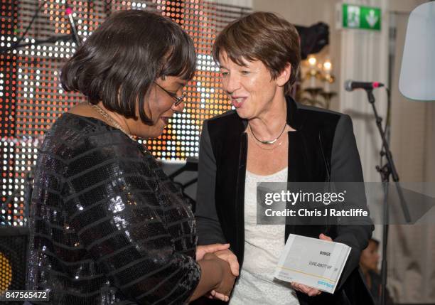 Getty Images CEO Dawn Airey awards the icon of the year award to Dianne Abbott at the Diversity in Media Awards on September 15, 2017 in London,...