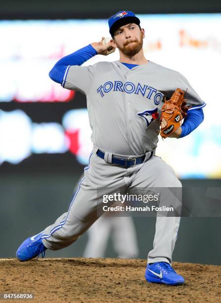 Danny Barnes of the Toronto Blue Jays delivers a pitch against the Minnesota Twins during the game on September 14, 2017 at Target Field in...