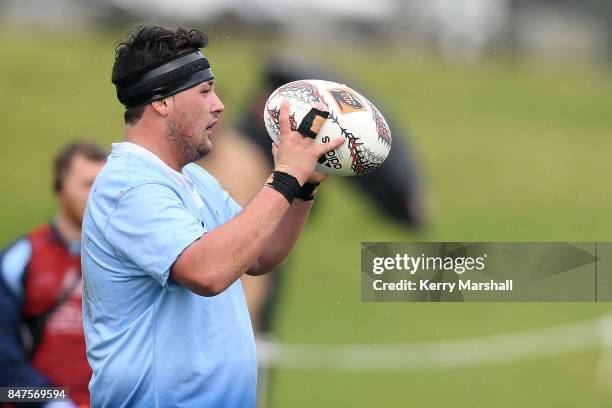 Jackson Brott of Northland gets ready to throw to a lineout during the Jock Hobbs Memorial Tournament match between Northland and Auckland...