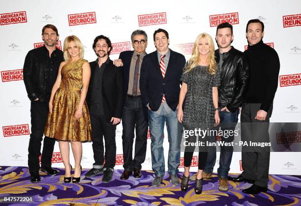 Sean William Scott, Mena Suvari, Thomas Ian Nicholas, Eugene Levy, Jason Biggs, Tara Reid, Eddie Kaye Thomas and Chris Klein during a photocall to...