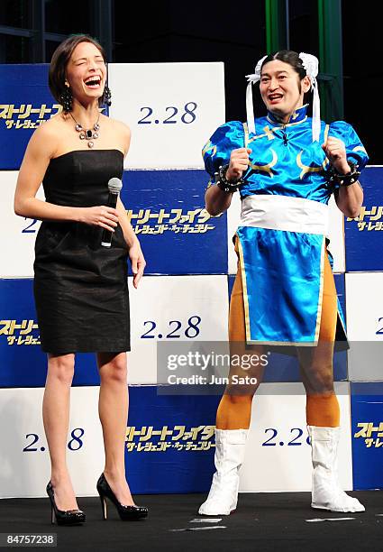 Actress Kristin Kreuk and comedian Waking Hiking Q-taro attend "Street Fighter: The Legend of Chun-Li " Japan Premiere at Akihabara UDX on February...