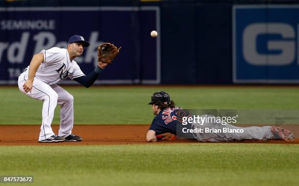 Second baseman Danny Espinosa of the Tampa Bay Rays catches Andrew Benintendi of the Boston Red Sox attempting to steal second base during the first...