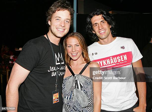 Comedian Hamish Blake, actress Kate Ritchie and comedian Andy Lee pose for a photograph as they help raise funds for the Victorian Bushfire Appeal at...