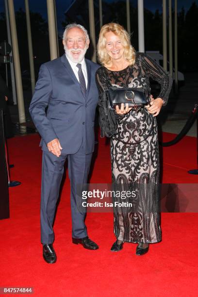 German actor and comedian Dieter Hallervorden and his girlfriend Christiane Zander attend the UFA 100th anniversary celebration at Palais am Funkturm...