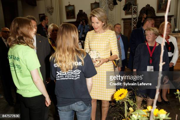 Queen Mathilde Of Belgium talks with the candidates of the Eurofleurs 2017 Championship on September 15, 2017 in Saint-Trond, Belgium.