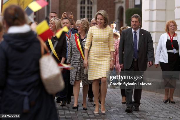 Queen Mathilde Of Belgium arrives on main square after visiting the Eurofleurs 2017 Championship on September 15, 2017 in Saint-Trond, Belgium.