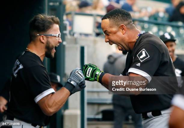 Yolmer Sanchez and Jose Abreu of the Chicago White Sox fist bump before a game against the Detroit Tigers at Comerica Park on September 15, 2017 in...