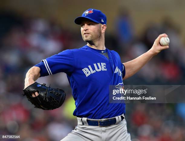 Happ of the Toronto Blue Jays delivers a pitch against the Minnesota Twins during the first inning of the game on September 15, 2017 at Target Field...